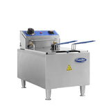 A stainless steel electric countertop fryer with a 10 lb fat capacity, blue control panel, temperature knob, red indicator light, and two fryer baskets with blue handles. A yellow caution symbol and the Cook Rite logo are on the front. The fryer stands on four short legs.