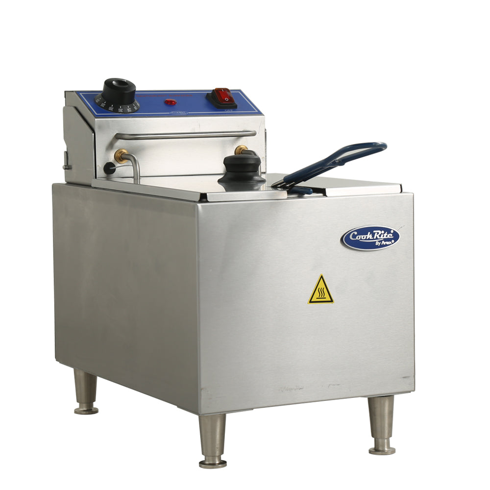 A stainless steel electric countertop fryer with a 16 lb fat capacity, blue control panel, temperature dial, red power switch, and fryer basket handle. It features four metal legs, a caution hot surface sticker, and the CookRite brand logo on the front.
