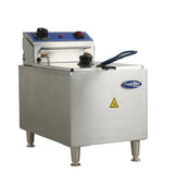 A stainless steel electric countertop fryer with a 16 lb fat capacity, blue control panel, temperature dial, red power switch, and fryer basket handle. It features four metal legs, a caution hot surface sticker, and the CookRite brand logo on the front.