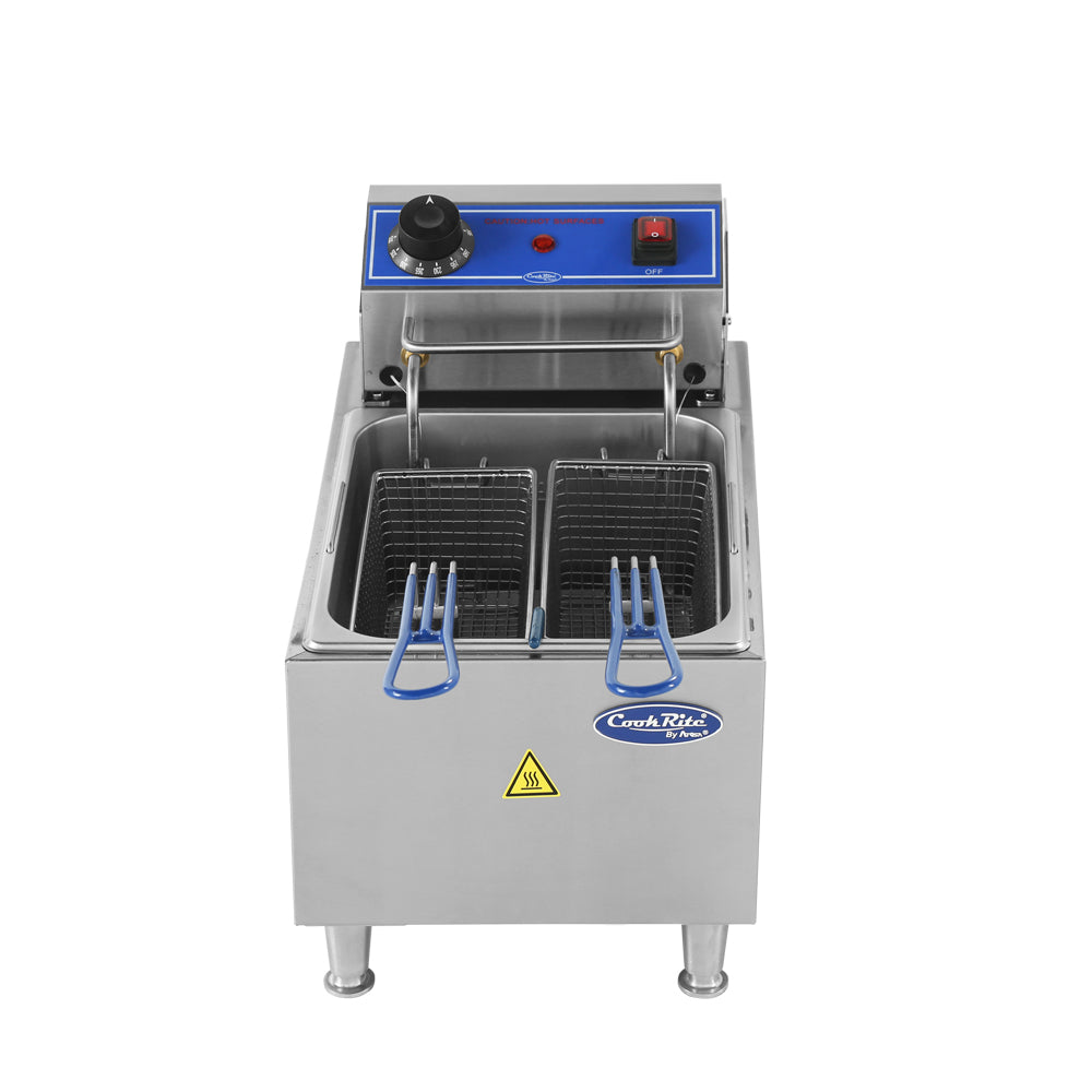 A stainless steel electric countertop fryer with a 10 lb. fat capacity features a blue control panel, temperature knob, red indicator light, and two metal frying baskets with blue handles. A yellow caution symbol appears on the front, and it stands on four short legs.