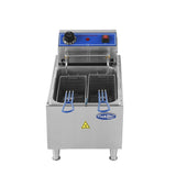 A stainless steel electric countertop fryer with a 10 lb. fat capacity features a blue control panel, temperature knob, red indicator light, and two metal frying baskets with blue handles. A yellow caution symbol appears on the front, and it stands on four short legs.