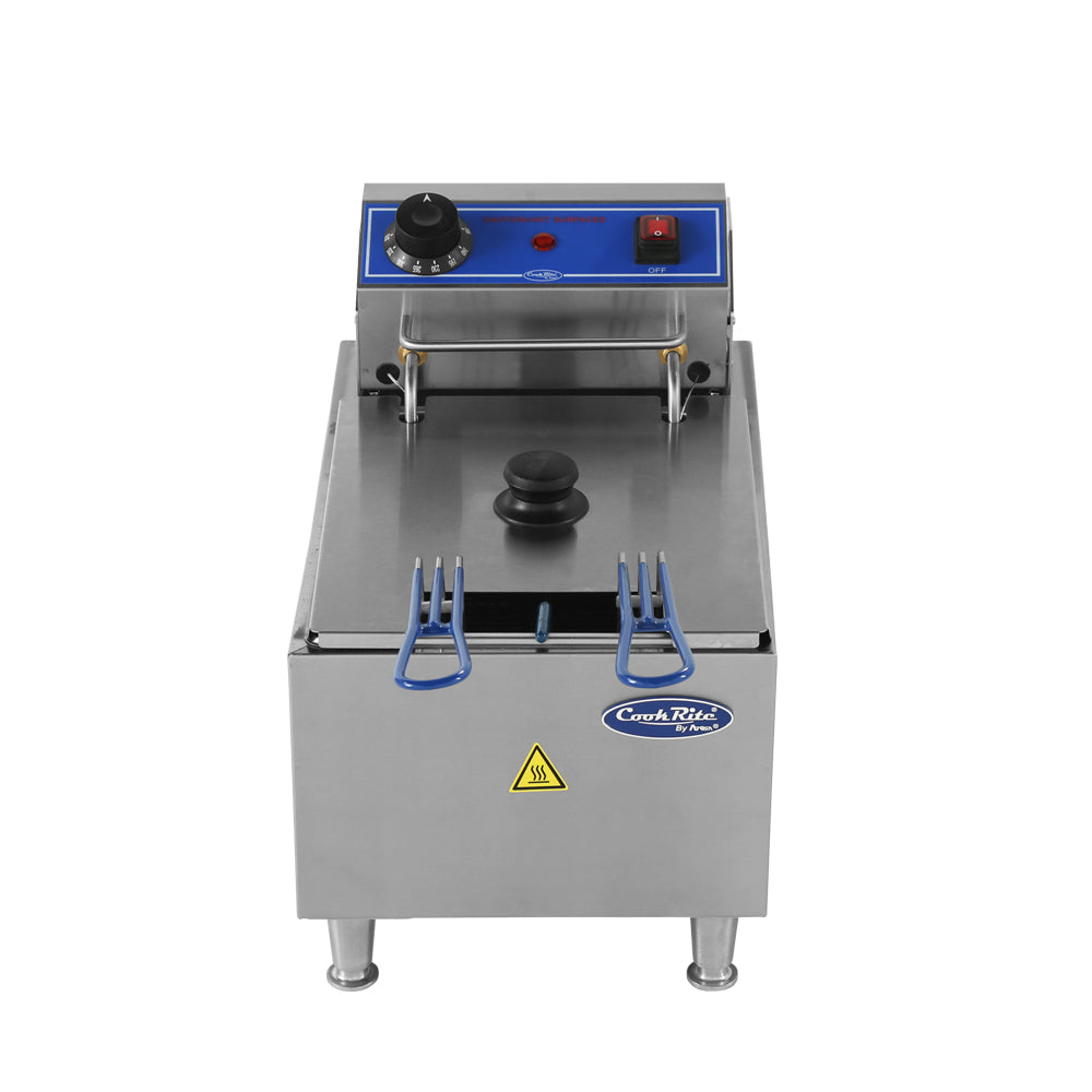 A stainless steel electric countertop fryer with a 10 lb. fat capacity features a blue control panel on top, temperature dial, power switch, and indicator light. Two fryer basket handles and a caution symbol are visible above the “Cook Rite” logo.