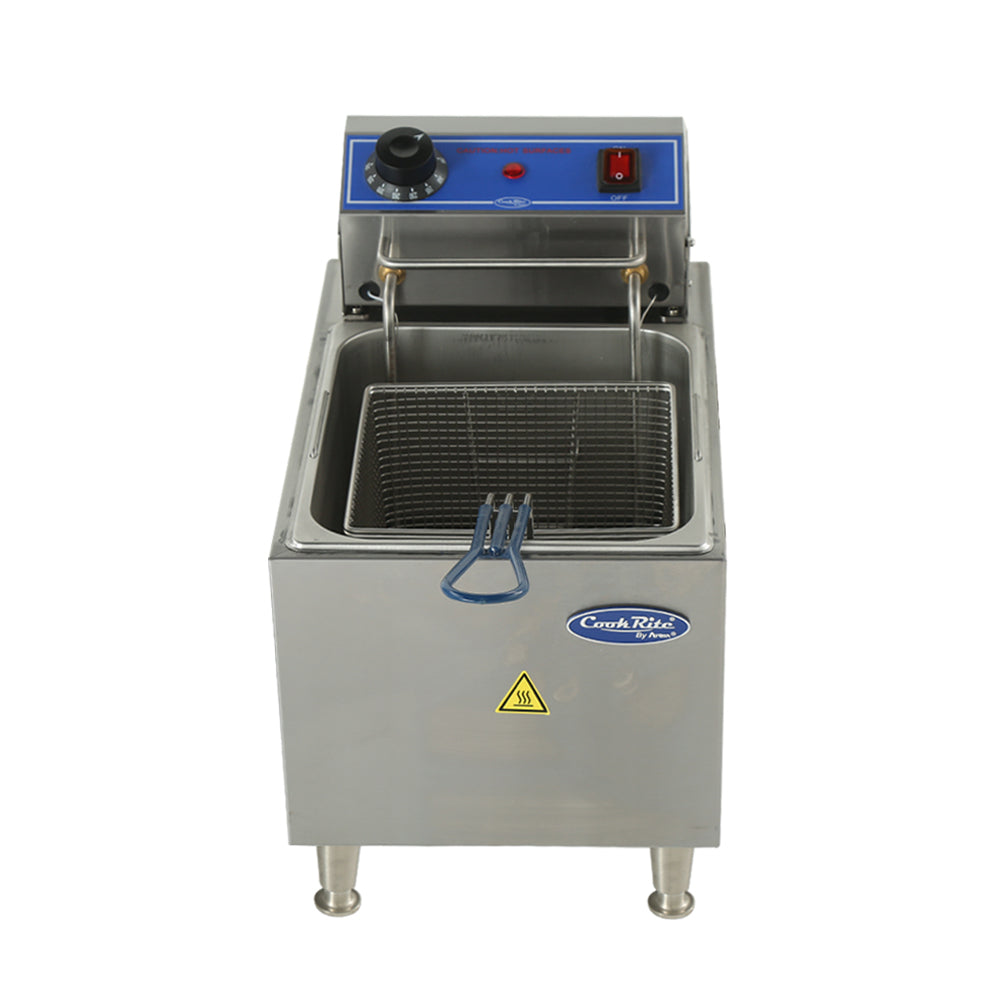 A commercial stainless steel electric countertop fryer with a blue control panel, temperature dial, and red power switch. It features a 16 lb fat capacity and a frying basket with blue handle. A caution hot surface symbol is on the front.