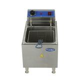 A commercial stainless steel electric countertop fryer with a blue control panel, temperature dial, and red power switch. It features a 16 lb fat capacity and a frying basket with blue handle. A caution hot surface symbol is on the front.
