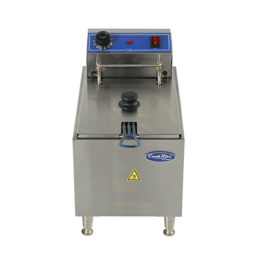 A stainless steel electric countertop fryer with 16 lb fat capacity, closed lid, control panel on top featuring a black knob, red switch, and blue accents. A warning sticker and “CookRite” logo are visible on the front. Stands on four metal legs.