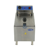 A stainless steel electric countertop fryer with 16 lb fat capacity, closed lid, control panel on top featuring a black knob, red switch, and blue accents. A warning sticker and “CookRite” logo are visible on the front. Stands on four metal legs.