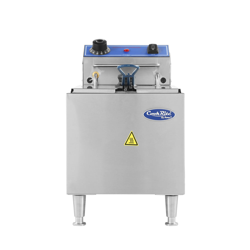 A stainless steel electric countertop fryer with a 16 lb fat capacity features a blue control panel, black dial, switches, and indicator lights. The CookRite logo and yellow caution symbol are on the front, and it stands on four sturdy metal legs.