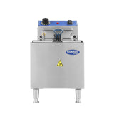 A stainless steel electric countertop fryer with a 16 lb fat capacity features a blue control panel, black dial, switches, and indicator lights. The CookRite logo and yellow caution symbol are on the front, and it stands on four sturdy metal legs.