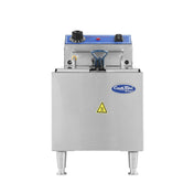 A stainless steel electric countertop fryer with a 16 lb fat capacity features a blue control panel, black dial, switches, and indicator lights. The CookRite logo and yellow caution symbol are on the front, and it stands on four sturdy metal legs.