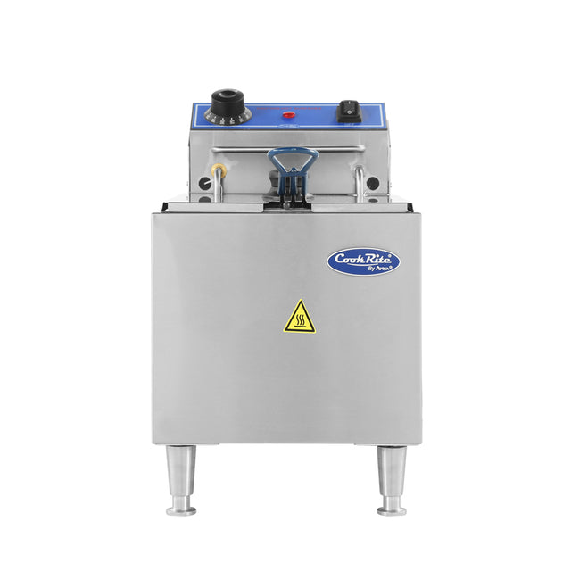 A stainless steel electric countertop fryer with a 16 lb fat capacity features a blue control panel, black dial, switches, and indicator lights. The CookRite logo and yellow caution symbol are on the front, and it stands on four sturdy metal legs.