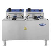A double-basket electric countertop fryer with stainless steel construction features two blue control panels, temperature knobs, indicator lights, and lids. The unit holds a 32 lb. fat capacity and displays a yellow caution symbol and “CookRite” logo on the front.