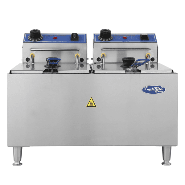 A double-basket electric countertop fryer with stainless steel construction features two blue control panels, temperature knobs, indicator lights, and lids. The unit holds a 32 lb. fat capacity and displays a yellow caution symbol and “CookRite” logo on the front.