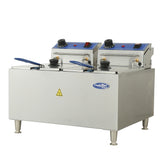 A stainless steel electric countertop fryer with two blue control panels, black knobs, and lids with handles. Each fryer has a 32 lb. fat capacity basket with a blue handle. The CookRite logo and safety warning appear on the front.