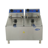 A stainless steel electric countertop fryer with a 32 lb. fat capacity features two lidded compartments, each with black handles, control knobs, temperature dials, and red indicator lights on top, plus a yellow caution sticker and “Cook Rite” logo on the front.