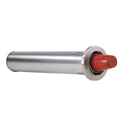 A stainless steel cup dispenser with a circular flange, holding a stack of red plastic cups visible at the opening, ready to be dispensed one at a time. This adjustable in-counter design ensures convenient access and organized storage.
