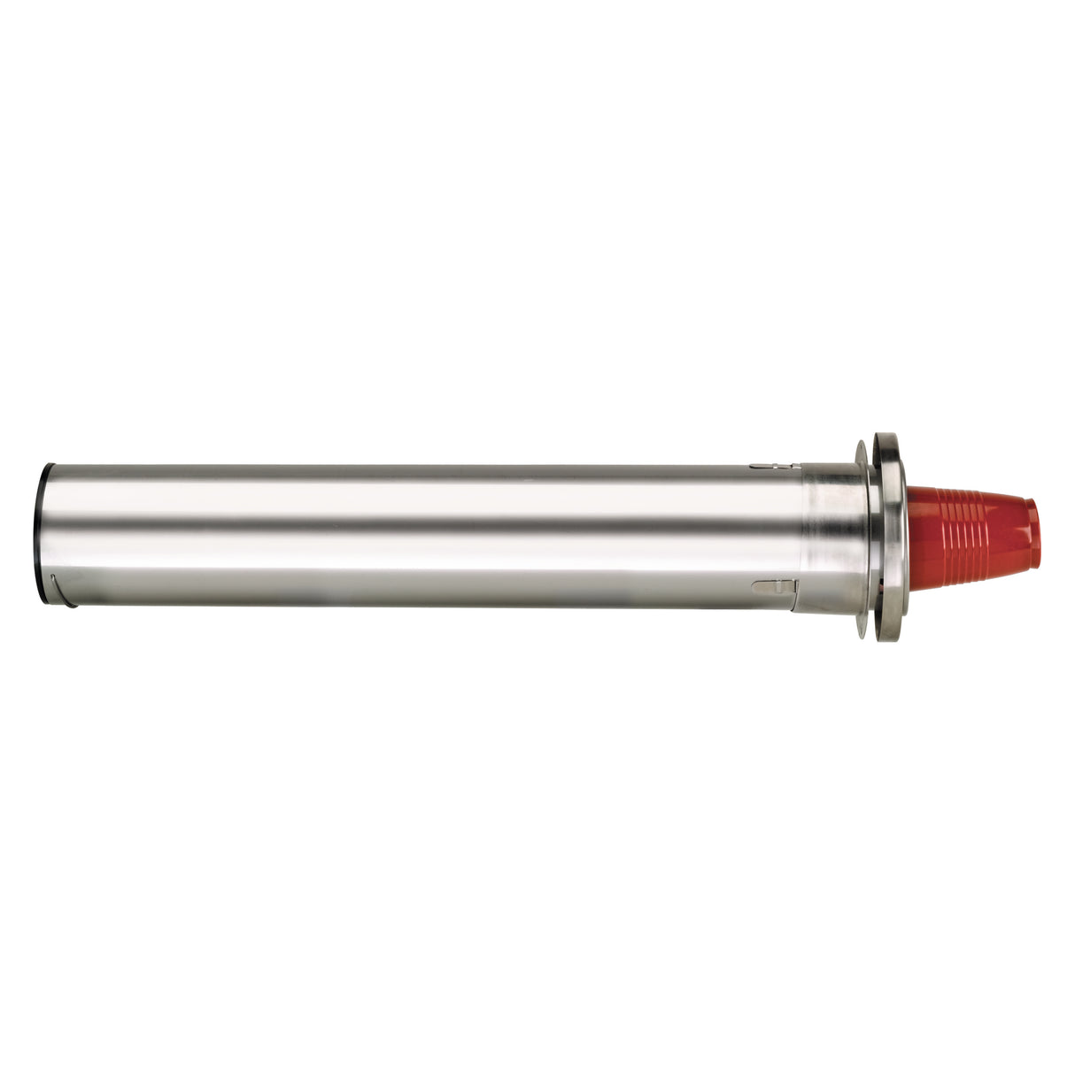 A stainless steel cup dispenser tube with a flange near one end and a red plastic cap on the tip. The adjustable in-counter design is cylindrical and reflective, positioned horizontally on a white background. The textured red cap covers the end beyond the flange.