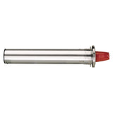 A stainless steel cup dispenser tube with a flange near one end and a red plastic cap on the tip. The adjustable in-counter design is cylindrical and reflective, positioned horizontally on a white background. The textured red cap covers the end beyond the flange.