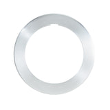A metallic silver ring with a smooth, brushed finish is shown against a white background. Resembling a sleek component of an adjustable in-counter dispenser, the ring is flat and thin, with a circular, open center and a small notch on the top edge.