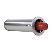 A cylindrical metal duct, resembling a stainless steel cup dispenser with a shiny silver finish and wide circular flange on one end. A red plastic cap with embossed markings fits the opening. The duct is photographed against a plain white background.