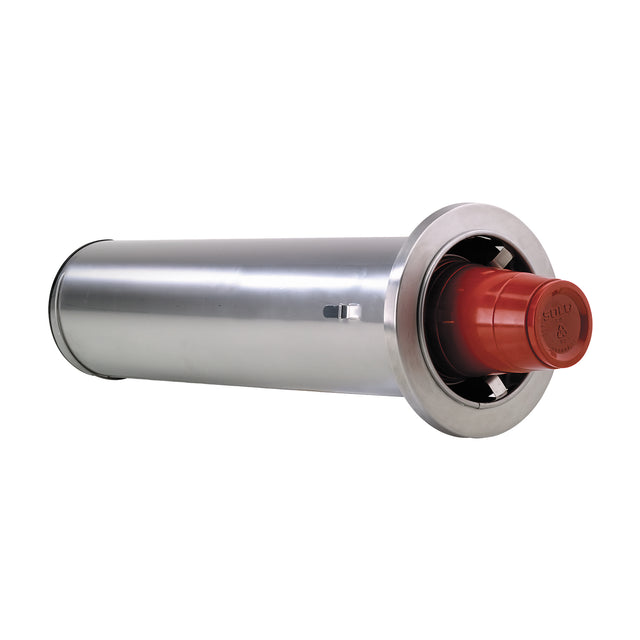 A cylindrical metal duct, resembling a stainless steel cup dispenser with a shiny silver finish and wide circular flange on one end. A red plastic cap with embossed markings fits the opening. The duct is photographed against a plain white background.