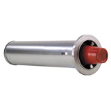 A cylindrical stainless steel cup dispenser with a shiny silver surface, flared circular rim, and orange-red plastic cap partially inserted at one end; the dispenser lies horizontally against a white background.