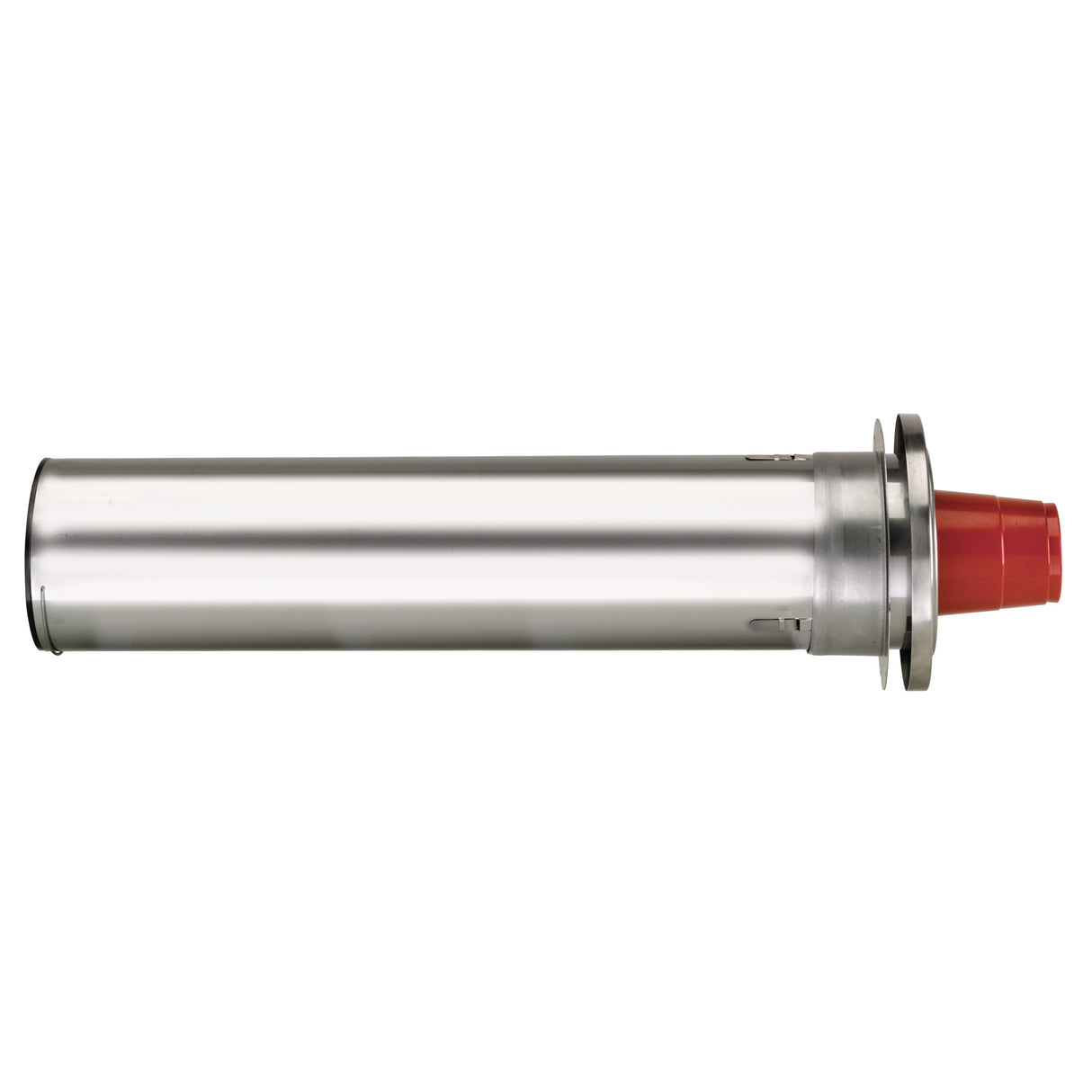 A cylindrical stainless steel cup dispenser with a flange near one end and a red tapered cap inserted into the flange. The smooth, reflective surface enhances its sleek look, making this adjustable in-counter dispenser ideal for modern settings.