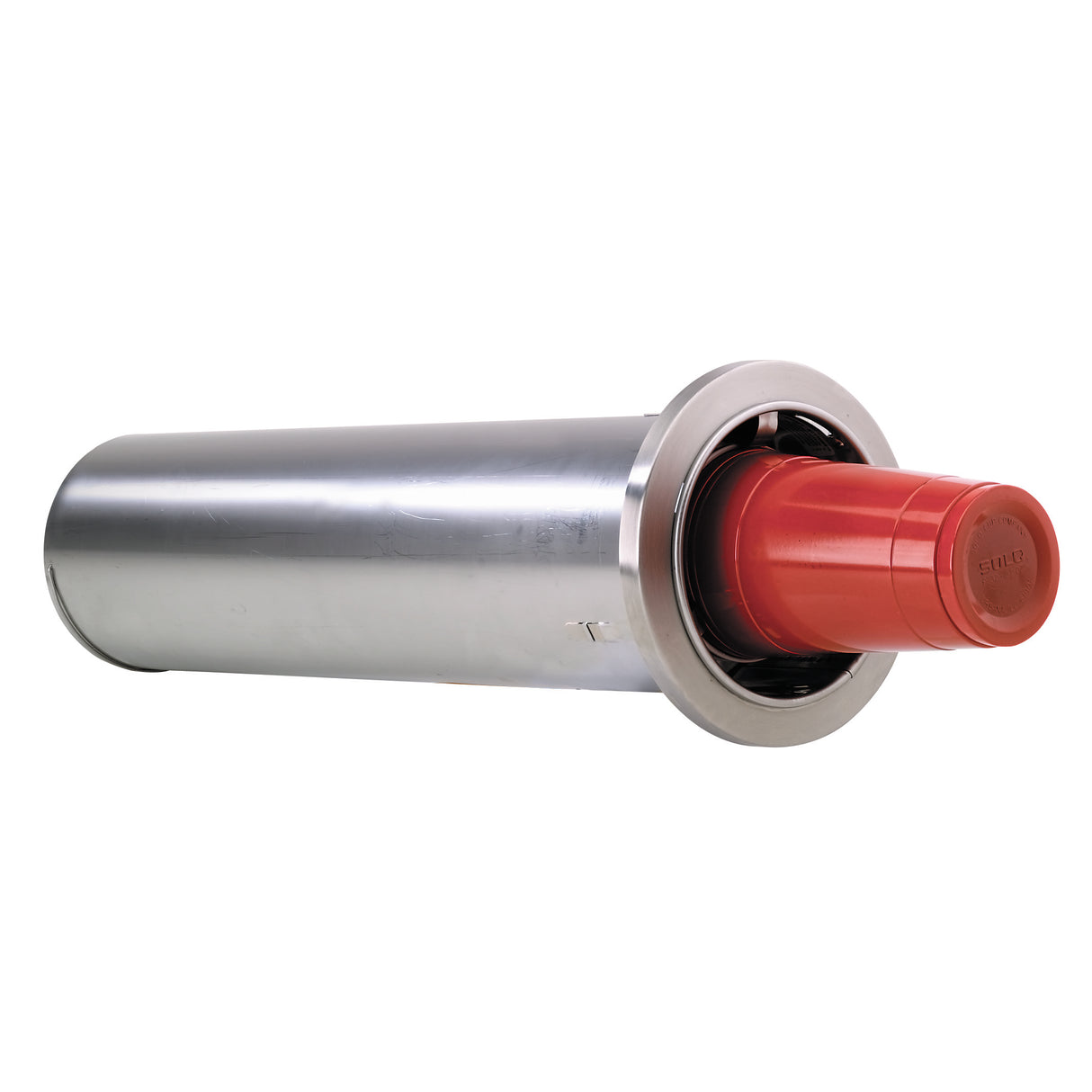 A cylindrical stainless steel cup dispenser with a shiny surface and a red plastic cap partially inserted at one end, positioned horizontally against a white background. The red cap has embossed text on its top surface.