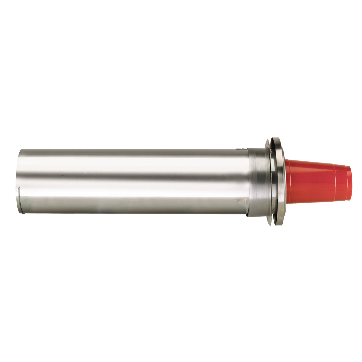 A stainless steel cylindrical cup dispenser holds a stack of red plastic cups, with one partially visible at the end. This adjustable in-counter dispenser is designed for easy cup access, ideal for commercial use. The background is plain white.