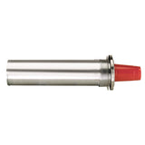 A stainless steel cylindrical cup dispenser holds a stack of red plastic cups, with one partially visible at the end. This adjustable in-counter dispenser is designed for easy cup access, ideal for commercial use. The background is plain white.