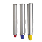 Three stainless steel cylindrical Cup Dispensers stand upright side by side. Each features an adjustable colored cap at the bottom—red, blue, and yellow. Their smooth silver bodies have small vents and clips on the sides.