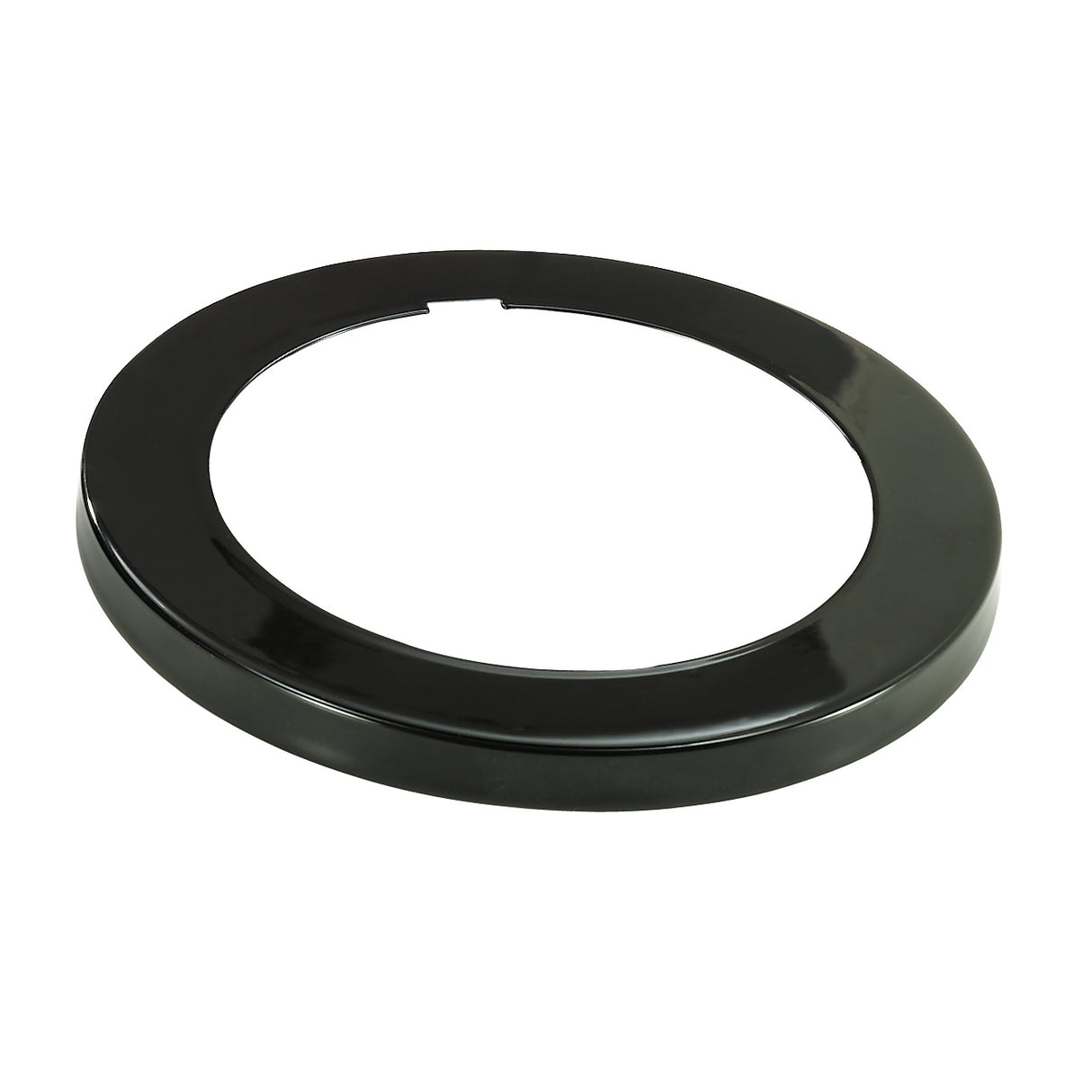 A high gloss black Ring Bezel from the ADJ-2 series, this circular plastic ring features a wide, flat surface with a large central opening and a small rectangular notch on one side, photographed against a white background.