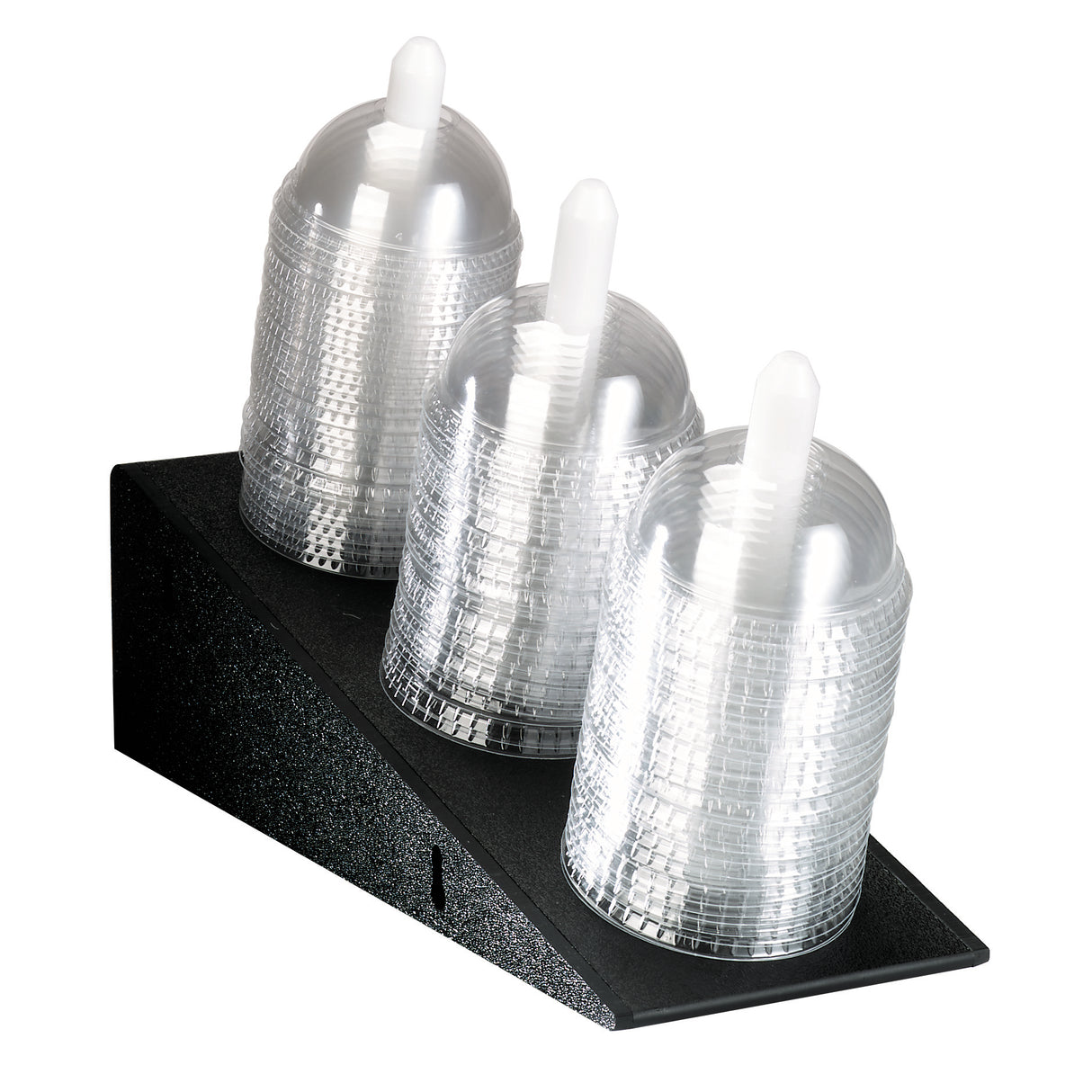 A black Dome Lid Organizer holds three stacks of clear, disposable plastic cups, each topped with a dome lid and a white straw. The polystyrene organizer arranges the cups in a neat, tiered formation for easy countertop access.