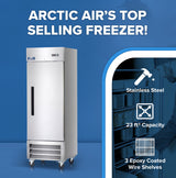 A stainless steel reach-in freezer stands on wheels against a blue background. Text reads “Arctic Air’s Top Selling Freezer!” Features listed are: stainless steel, 23 ft³ capacity, and 3 epoxy coated wire shelves, with matching icons next to each.