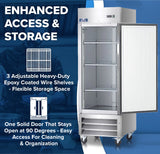A stainless steel commercial freezer with an open solid door reveals three adjustable heavy-duty epoxy coated wire shelves. Features include “Enhanced Access & Storage,” “3 adjustable shelves,” and “One solid door that stays open at 90 degrees.”.