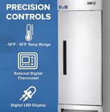 A stainless steel reach-in freezer with a black handle is shown next to blue graphics highlighting its features: precision controls, -10°F to 10°F temperature range, external digital thermostat, and a digital LED display.
