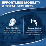 A promotional image features a man mixing ingredients in a kitchen, with text highlighting features: Effortless Mobility & Total Security. Icons note four 5.5 casters (two lockable) for mobility, and a lockable, self-closing door on the stainless steel freezer for security.