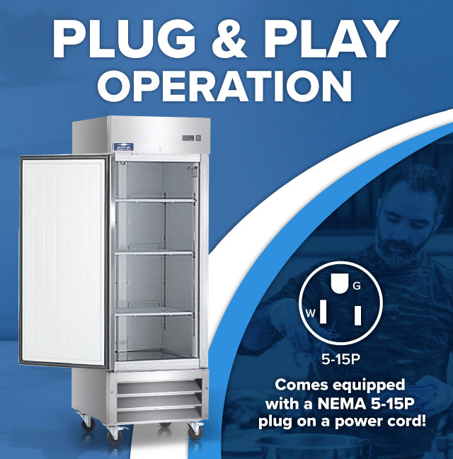 A commercial freezer with an open door is shown on the left. Text above reads “PLUG & PLAY OPERATION.” To the right, there’s a graphic of a NEMA 5-15P plug and text: “Comes equipped with a NEMA 5-15P plug on a power cord!” A man works in the background.