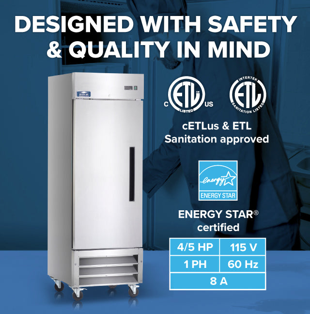 A commercial stainless steel freezer stands on caster wheels. Text highlights safety, sanitation approvals (cETLus & ETL), and ENERGY STAR® certification. Specs: 4/5 HP, 115V, single phase, 60Hz, 8A. Blue background with a faint worker silhouette.
