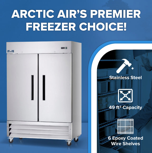 A large, double-door stainless steel reach-in freezer stands against a blue background. White text reads “ARCTIC AIR’S PREMIER FREEZER CHOICE!” Features include 49 ft³ capacity and six epoxy coated wire shelves, with icons beside each feature.