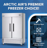 A large, double-door stainless steel reach-in freezer stands against a blue background. White text reads “ARCTIC AIR’S PREMIER FREEZER CHOICE!” Features include 49 ft³ capacity and six epoxy coated wire shelves, with icons beside each feature.
