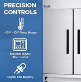 A close-up of an Arctic Air AF49 reach-in freezer with two vertical handles is shown on the right. On the left, a blue background displays “PRECISION CONTROLS” with icons for temperature range, external digital thermostat, and digital LED display.
