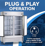 A commercial refrigerator, like the Arctic Air AF49 reach-in freezer, stands with both doors open to reveal empty shelves. Bold text reads “PLUG & PLAY OPERATION.” Below is a 5-15P plug diagram and a note about its NEMA 5-15P-equipped power cord. A man works in the background.