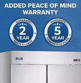 A blue banner reads “ADDED PEACE OF MIND WARRANTY” above two warranty icons: “2 YEAR WARRANTY PARTS & LABOR” and “5 YEAR WARRANTY COMPRESSOR PARTS.” Below is an Arctic Air AF49 commercial reach-in freezer in stainless steel.
