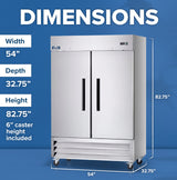 An Arctic Air AF49 commercial freezer is displayed against a blue background, with labeled dimensions: 54 width, 32.75 depth, and 82.75 height (including 6 casters). White text reading DIMENSIONS appears above the reach-in freezer.