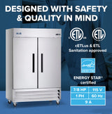 An Arctic Air commercial freezer with double doors stands on caster wheels against a blue background. Text highlights safety, quality, and certifications like cETLus, ETL, and ENERGY STAR. Specs: 7/8 HP, 115V, 1 PH, 60 Hz, 9A.