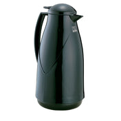 A sleek, black thermal carafe with a vacuum glass liner for superior heat retention. It features a curved, glossy body, large ergonomic handle, and a spout with a hinged lid. The Zojirushi logo is visible near the top.