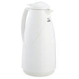 A white, modern Beverage Server with a curved handle and spout. The dome-shaped, hinged lid complements the smooth body with sleek lines. Featuring a vacuum glass liner for superior heat retention and a bear logo with Japanese text near the top.