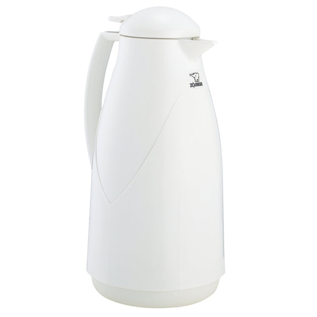 A white, modern Beverage Server with a curved handle and spout. The dome-shaped, hinged lid complements the smooth body with sleek lines. Featuring a vacuum glass liner for superior heat retention and a bear logo with Japanese text near the top.