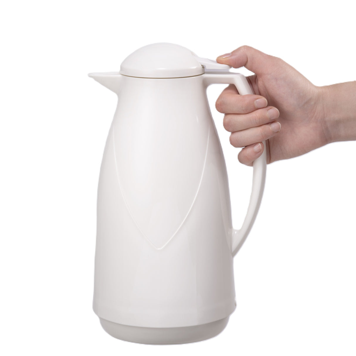 A hand holds the handle of a white, modern beverage server with a lid and spout, against a plain white background. The tall thermos features a smooth, curved design and vacuum glass liner for excellent heat retention.