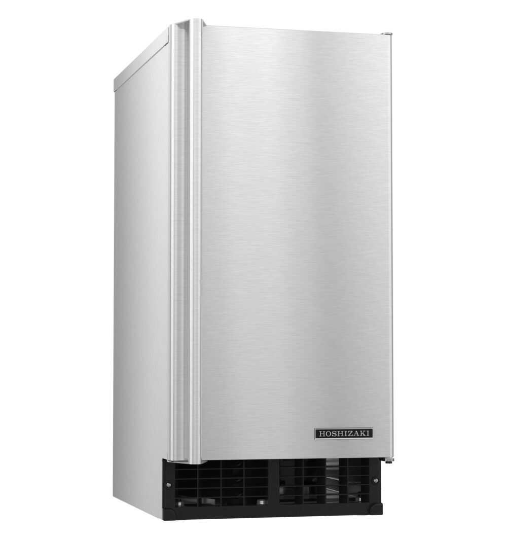 A stainless steel Hoshizaki cube-style ice maker with a sleek, rectangular design. The tall, compact unit features a smooth front panel with the Hoshizaki logo and a black ventilation grill, making it ideal for commercial and ADA compliant settings.